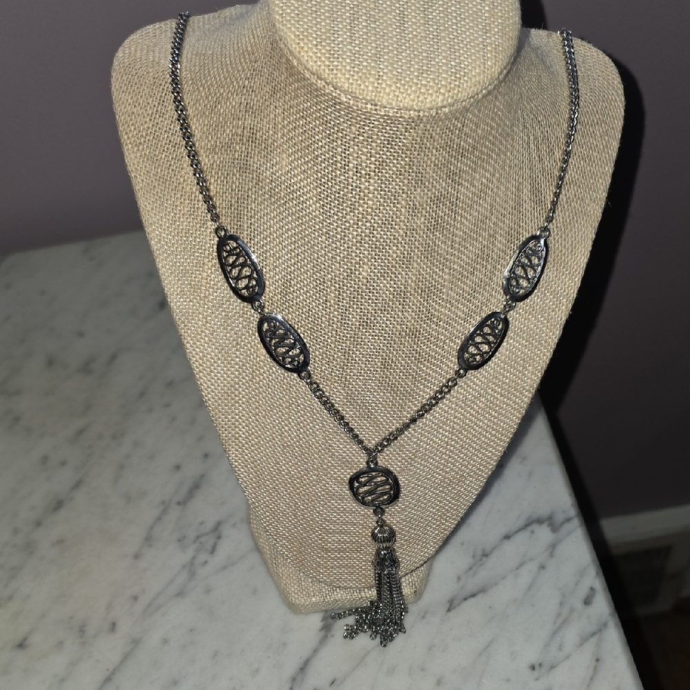 Long Silver Tone Filigree Oval Necklace Tassel Pendant Statement Layered Look